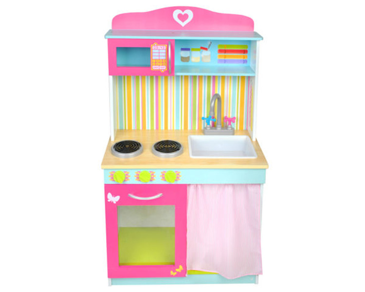 drewniana kuchnia dla dzieci w pastelowych kolorach