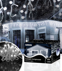LAMPKI ZEWNĘTRZNE SOPLE 300 LED ZIMNA BIEL 12M EFEKT FLASH KURTYNA GIRLANDA OŚWIETLENIE ŚWIĄTECZNE