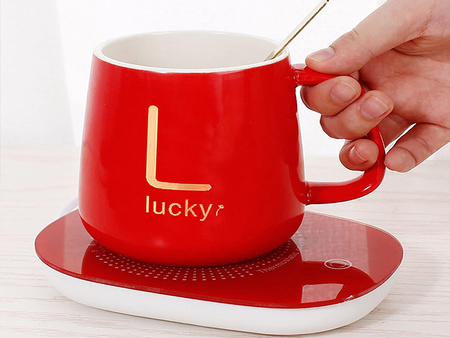 PODGRZEWACZ DO KUBKA ZESTAW CERAMICZY ZASILANY PREZENTOWY ŁYŻKA WIECZKO KUBEK DO HERBATY KAWY