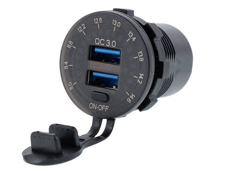 Ładowarka do zabudowy USB QC3.0 + USB 6A z woltomierzem i włącznikiem mechanicznym