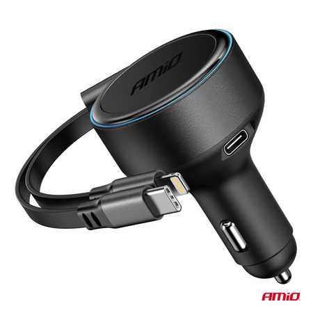 Ładowarka samochodowa ze zwijanym kablem typ C + lightning iPhone + USB-C 12V 24V 60W AMIO-04370