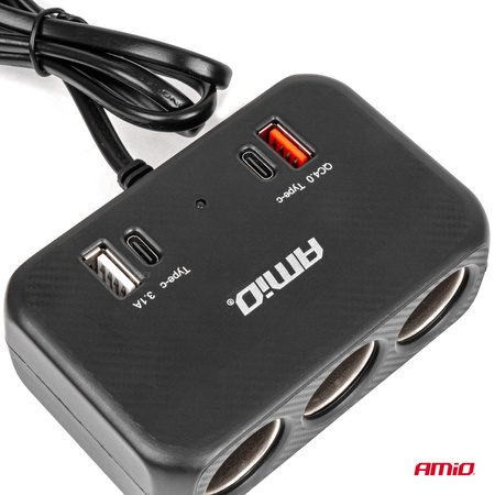 Rozdzielacz gniazda zapalniczki z ładowarką 1x USB-A 1x USB-C QC4.0 12V 24V 120W 80cm AMIO-04365