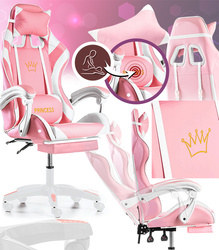 FOTEL GAMINGOWY Z PODNÓŻKIEM RÓŻOWY BIAŁY KUBEŁKOWY BIUROWY OBROTOWY REGULOWANY NOWOCZESNY MASAŻER DLA GRACZA DZIECI MŁODZIEŻY