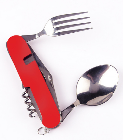 SCYZORYK NÓŻ SKŁADANY WIELOFUNKCYJNY 4W1 ŁYŻKA WIDELEC OTWIERACZ DO BUTELEK KORKOCIĄG NIEZBĘDNIK TURYSTYCZNY CZERWONY