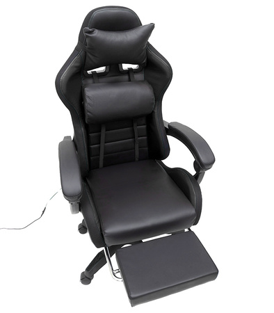 FOTEL GAMINGOWY LED Z PODNÓŻKIEM CZARNY REGULOWANY OBROTOWY NOWOCZESNY PILOT KOLORY RGB  MASAŻER DO GIER DLA GRACZA