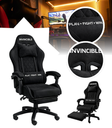 FOTEL GAMINGOWY CZARNY ZAMSZOWY Z PODNÓŻKIEM BIUROWY WYSOKI REGULOWANY ERGONOMYCZNY NOWOCZESNY OBROTOWY METALOWA RAMA DLA GRACZA DZIECI MŁODZIEŻY