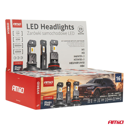 Żarówki samochodowe LED seria HYBRID H1 H3 H4 H7 HB3 HB4 6000K Canbus 16 kpl. AMIO-04120