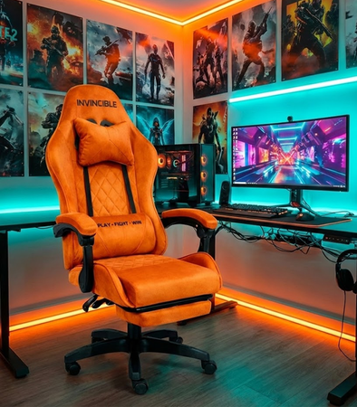 FOTEL GAMINGOWY Z PODNÓŻKIEM ZAMSZOWY POMARAŃCZOWY Z CZARNĄ RAMĄ ERGONOMICZNY NOWOCZESNY OBROTOWY WYSOKI METALOWA RAMA DLA GRACZA DZIECI MŁODZIEŻY