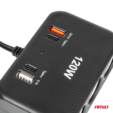 Rozdzielacz gniazda zapalniczki z ładowarką 2x USB-A 1x USB-C QC4.0 12V 24V 120W 80cm AMIO-04366