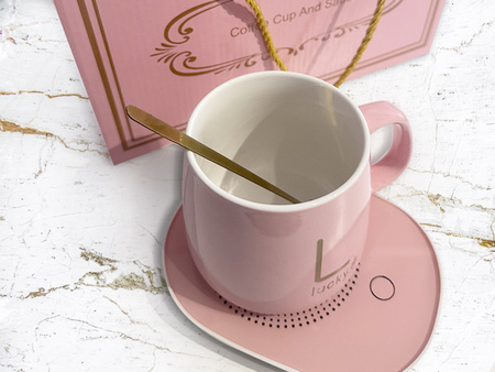 PODGRZEWACZ DO KUBKA ZESTAW CERAMICZY ZASILANY PREZENTOWY ŁYŻKA WIECZKO KUBEK DO HERBATY KAWY