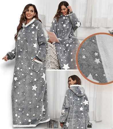 BLUZOKOC SZARY W GWIAZDKI PONCZO BLUZA Z KAPTUREM KIESZEŃ DŁUGI POLAR OVERSIZE 100% POLIESTER DLA MŁODZIEŻY DOROSŁYCH