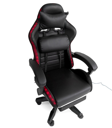 FOTEL GAMINGOWY LED Z PODNÓŻKIEM CZARNY REGULOWANY OBROTOWY NOWOCZESNY PILOT KOLORY RGB  MASAŻER DO GIER DLA GRACZA