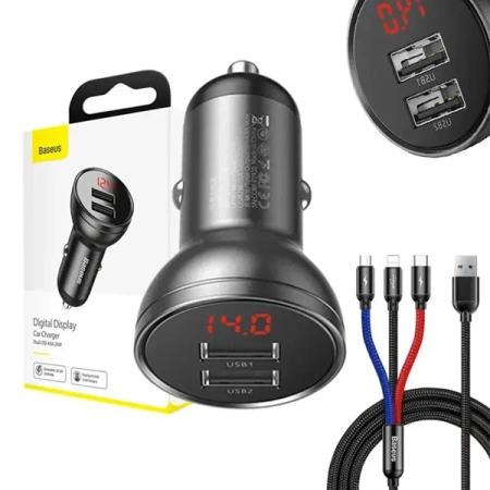 Ładowarka samochodowa Baseus z wyświetlaczem 24W + kabel USB 3w1 Baseus Three Primary Colors 1,2m