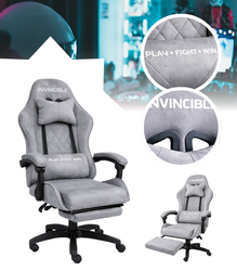 FOTEL GAMINGOWY ZAMSZOWY SZARY Z PODNÓŻKIEM Z CZARNĄ RAMĄ ERGONOMICZNY NOWOCZESNY OBROTOWY WYSOKI METALOWA RAMA DLA GRACZA DZIECI MŁODZIEŻY