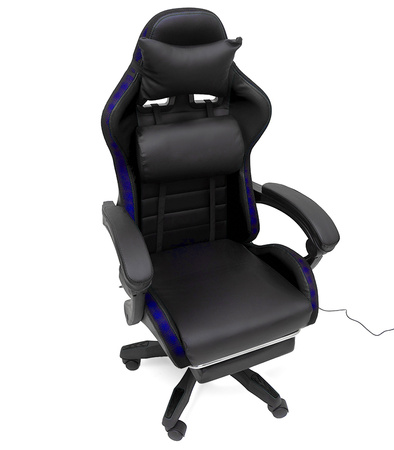 FOTEL GAMINGOWY LED Z PODNÓŻKIEM CZARNY REGULOWANY OBROTOWY NOWOCZESNY PILOT KOLORY RGB  MASAŻER DO GIER DLA GRACZA