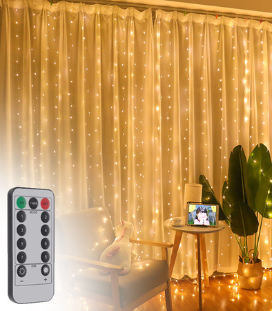 KURTYNA ŚWIETLNA 300 LED 3 X 3 M CIEPŁA BIEL LAMPKI GIRLANDA OZDOBNA ŚWIĄTECZNA DUŻA USB ZASILANIE SIECIOWE DRUCIK HACZYKI PILOT ELEGANCKIE OPAKOWANIE