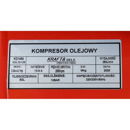 KOMPRESOR OLEJOWY SPRĘŻARKA 50L KD1484