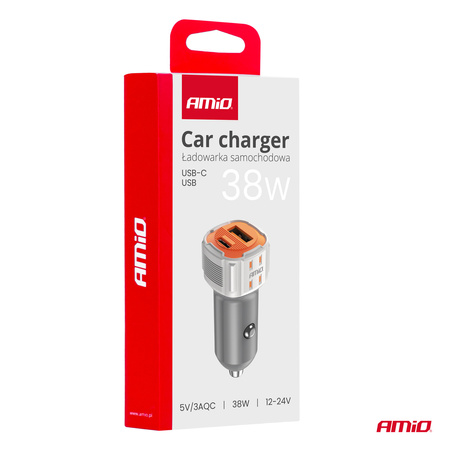 Ładowarka samochodowa USB-A+ USB-C 38W AMIO-03883