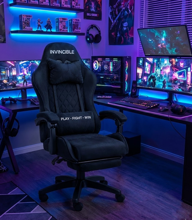 FOTEL GAMINGOWY CZARNY ZAMSZOWY Z PODNÓŻKIEM BIUROWY WYSOKI REGULOWANY ERGONOMYCZNY NOWOCZESNY OBROTOWY METALOWA RAMA DLA GRACZA DZIECI MŁODZIEŻY