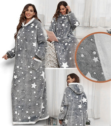 BLUZOKOC SZARY W GWIAZDKI PONCZO BLUZA Z KAPTUREM KIESZEŃ DŁUGI POLAR OVERSIZE 100% POLIESTER DLA MŁODZIEŻY DOROSŁYCH