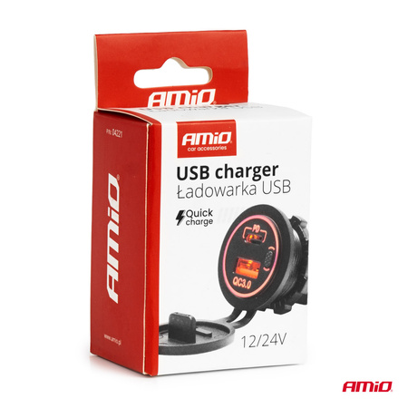 Ładowarka samochodowa z gniazdami USB wodoodporna USB + USB-C QC3.0 12V 24V AMIO-04221