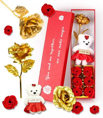 WIECZNA RÓŻA ZŁOTA ZESTAW Z MISIEM I CZERWONYMI MYDEŁKAMI NA WALENTYNKI URODZINY ROCZNICĘ