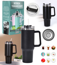 KUBEK TERMICZNY TERMOS ZE SŁOMKĄ CZARNY STAL NIERDZEWNA UCHWYT NA CIEPŁE ZIMNE NAPOJE RURKA DUŻY XXL 1200 ML