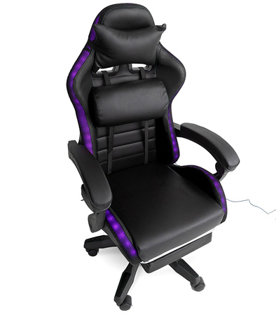 FOTEL GAMINGOWY LED Z PODNÓŻKIEM CZARNY REGULOWANY OBROTOWY NOWOCZESNY PILOT KOLORY RGB  MASAŻER DO GIER DLA GRACZA