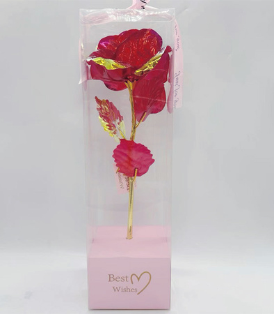 WIECZNA RÓŻA CZERWONA OZDOBNE PUDEŁKO NA PREZENT ZŁOTA ŁODYGA