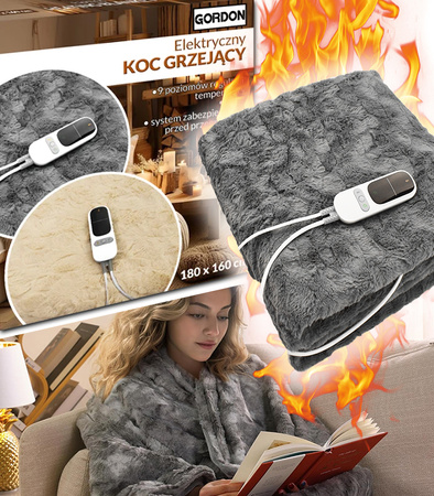 KOC ELEKTRYCZNY GRZEJĄCY Z PILOTEM PUSZYSTY MIĘKKI DUŻY 180 X 160 SZARY 9 TRYBÓW GRZANIA DWUOSOBOWY Z TIMEREM