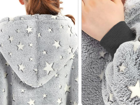 BLUZOKOC SZARY PONCZO BLUZA Z KAPTUREM KIESZEŃ KANGUR POLAR W GWIAZDKI OVERSIZE 100% POLIESTER DLA MŁODZIEŻY DOROSŁYCH
