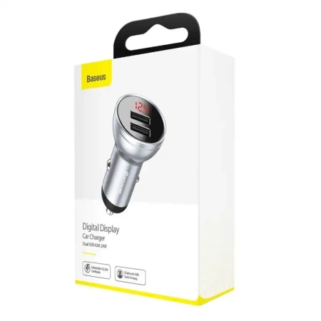 Ładowarka samochodowa Baseus z wyświetlaczem, 2x USB, 4,8A, 24W (srebrna)