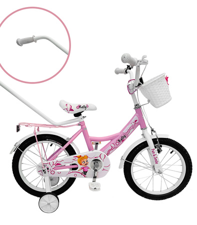 ROWEREK DZIECIĘCY 16 CALI RÓŻOWY DZWONEK HAMULEC KOSZYK BAGAŻNIK KOŁA BOCZNE KOŁA DRĄŻEK DLA DZIECI