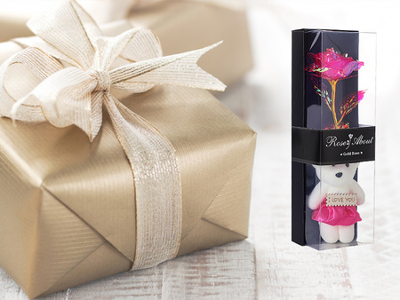 WIECZNA RÓŻA RÓŻOWA LED ZESTAW Z MISIEM NA WALENTYNKI URODZINY ROCZNICĘ