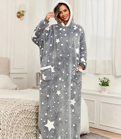 BLUZOKOC SZARY W GWIAZDKI PONCZO BLUZA Z KAPTUREM KIESZEŃ DŁUGI POLAR OVERSIZE 100% POLIESTER DLA MŁODZIEŻY DOROSŁYCH