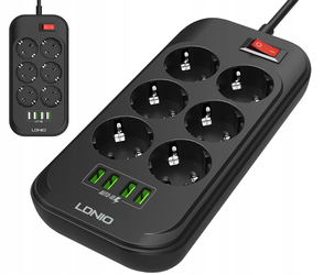 Listwa zasilająca 6 Gniazda + 4x szybkie ładowanie USB Przedłużacz