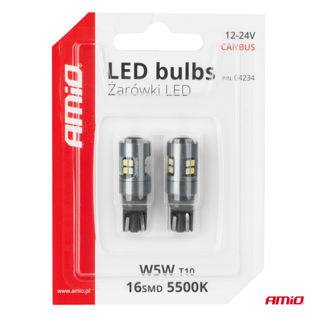 Żarówki LED CANBUS T10 W5W 16SMD 2016 White 12V 24V AMIO-04234