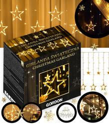 GIRLANDA ŚWIĄTECZNA GWIAZDKI LED CIEPŁA BIEL RÓŻNE TRYBY ŚWIECENIA KURTYNA ŚWIĄTECZNA Z HACZYKAMI