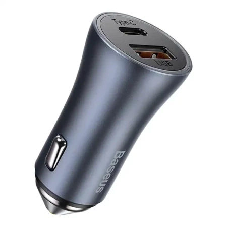Ładowarka samochodowa Baseus Golden Contactor Pro, USB + USB-C, QC4.0+, PD, SCP, 40W (szara) + kabel USB do USB-C 1m (czarny)