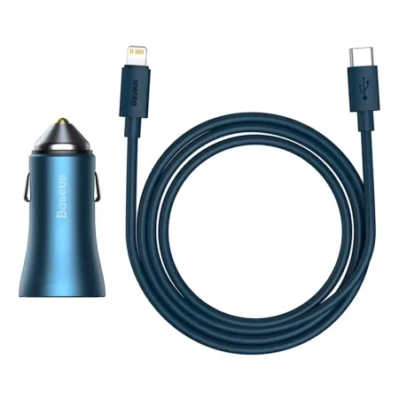 Ładowarka samochodowa Baseus Golden Contactor Pro, USB + USB-C, QC4.0+, PD, SCP, 40W (niebieska) + kabel USB-C do Lightning 1m (niebieski)