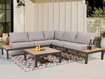 ZESTAW MEBLI OGRODOWYCH NAROŻNIK STOLIK DREWNIANY ALUMINIOWY DUŻY PODUSZKI DLA 6 OSÓB DO OGRODU NA TARAS