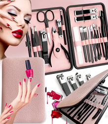 ZESTAW DO MANICURE 18 ELEMENTÓW CZARNY ELEGANCKI PRZENOŚNY OBCINACZ DO PAZNOKCI NOŻYCZKI SKÓRA