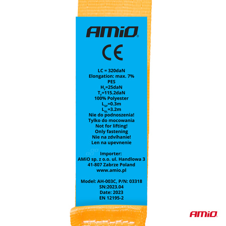 Pas transportowy z automatycznym zwijaczem 640kg 25mm 3,5m S-TYPE AMIO-03318