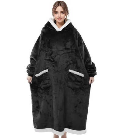 BLUZOKOC CZARNY PONCZO BLUZA Z KAPTUREM KIESZEŃ DŁUGI POLAR OVERSIZE 100% POLIESTER DLA MŁODZIEŻY DOROSŁYCH