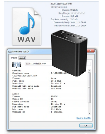 Dyktafon podsłuch szpiegowski detekcja 32GB USB