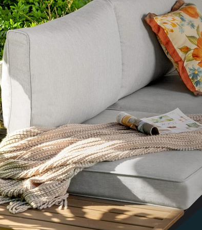 ZESTAW MEBLI OGRODOWYCH NAROŻNIK STOLIK DREWNIANY ALUMINIOWY DUŻY PODUSZKI DLA 6 OSÓB DO OGRODU NA TARAS