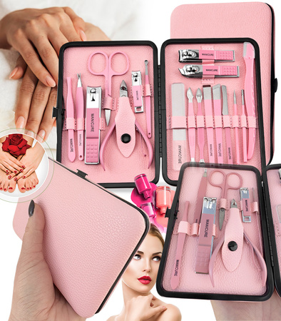 ZESTAW DO MANICURE 18 ELEMENTÓW RÓŻOWY ELEGANCKI PRZENOŚNY OBCINACZ DO PAZNOKCI NOŻYCZKI SKÓRA