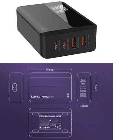 Ładowarka zasilacz 65W 4x USB TYP C PD QC LCD LED