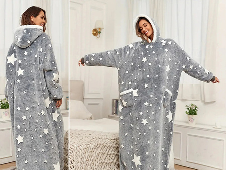 BLUZOKOC SZARY W GWIAZDKI PONCZO BLUZA Z KAPTUREM KIESZEŃ DŁUGI POLAR OVERSIZE 100% POLIESTER DLA MŁODZIEŻY DOROSŁYCH
