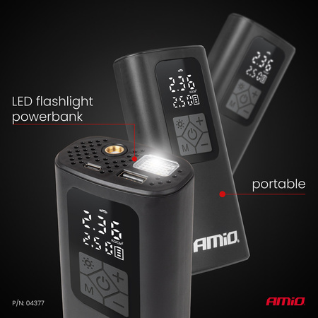 Kompresor samochodowy bezprzewodowy akumulatorowy powerbank LED USB-C 40W AMIO-04377